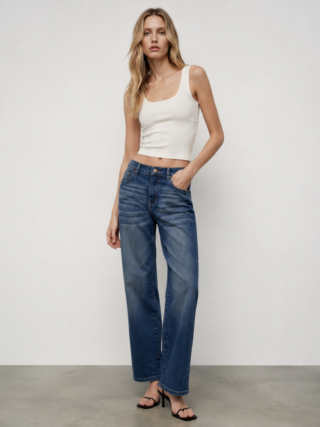 High Waist Medium Wash Straight Leg Denim Jeans for Women ZY6068