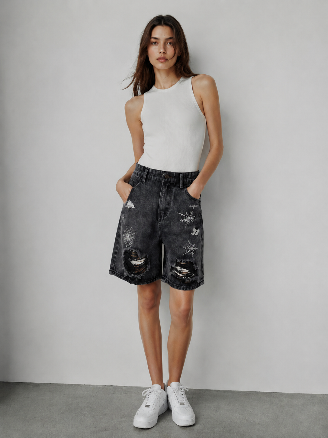 2K Streetwear Spider Web Graphic Ripped Jeans Shorts Baggy Denim Jorts ZY6080