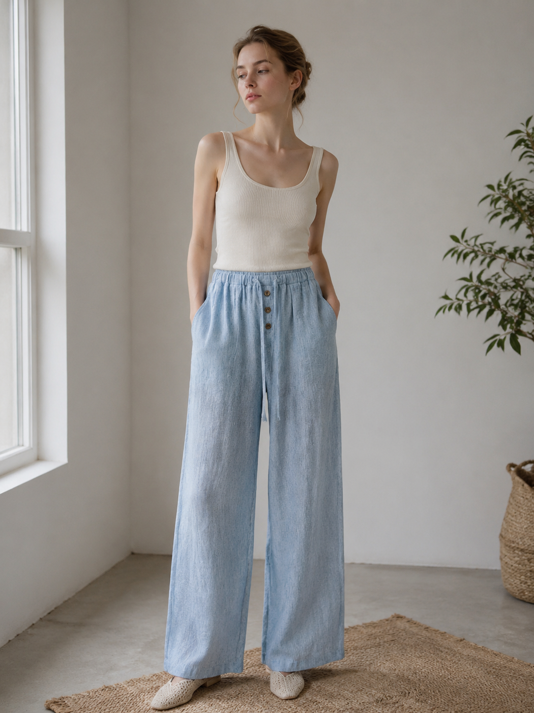 Summer Casual Linen-Look Wide Leg Pants with Button Drawstring A-42030