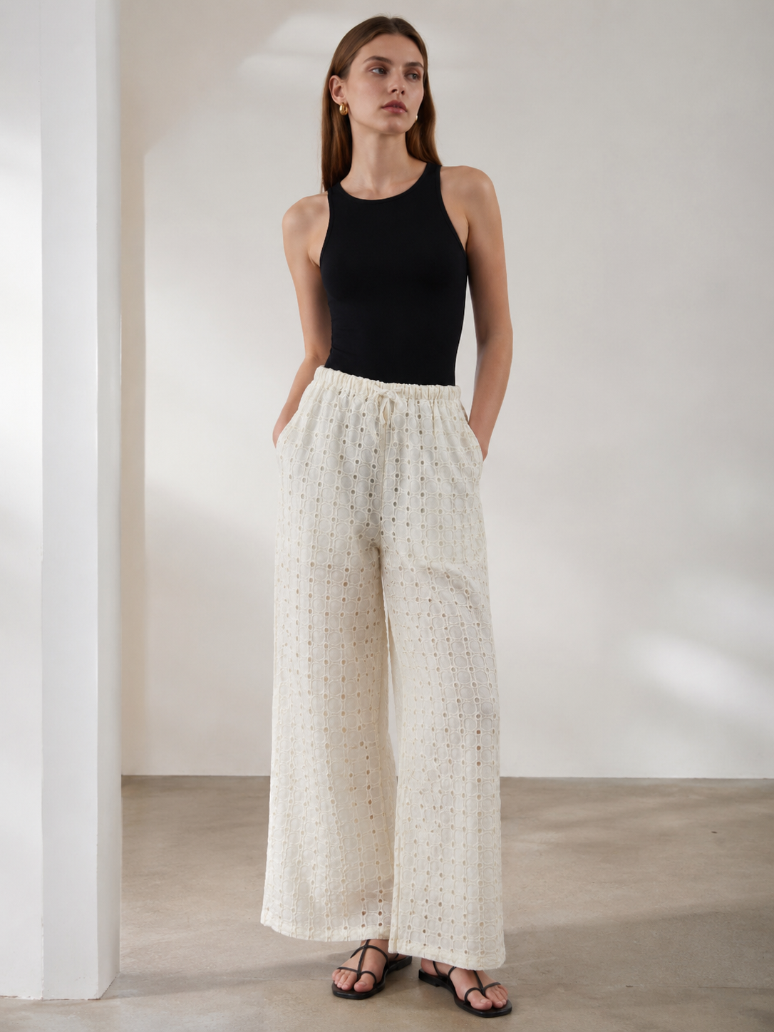 Women's Navy Geometric Circle Print Wide Leg Pants - Drawstring Waist Trousers  AN-710013