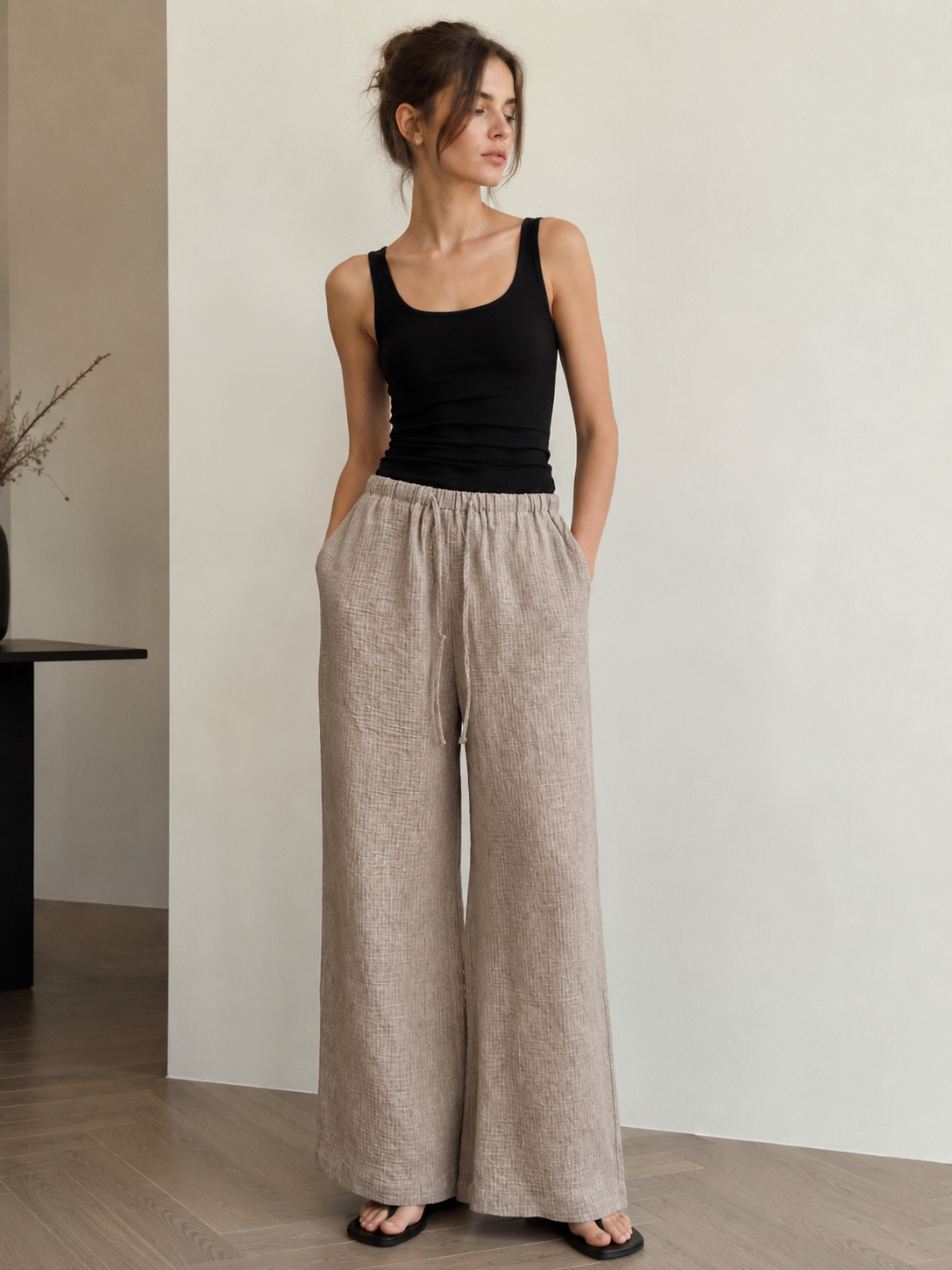 Women's Khaki Textured Drawstring Wide Leg Pants - Relaxed Fit Trousers  S-2543