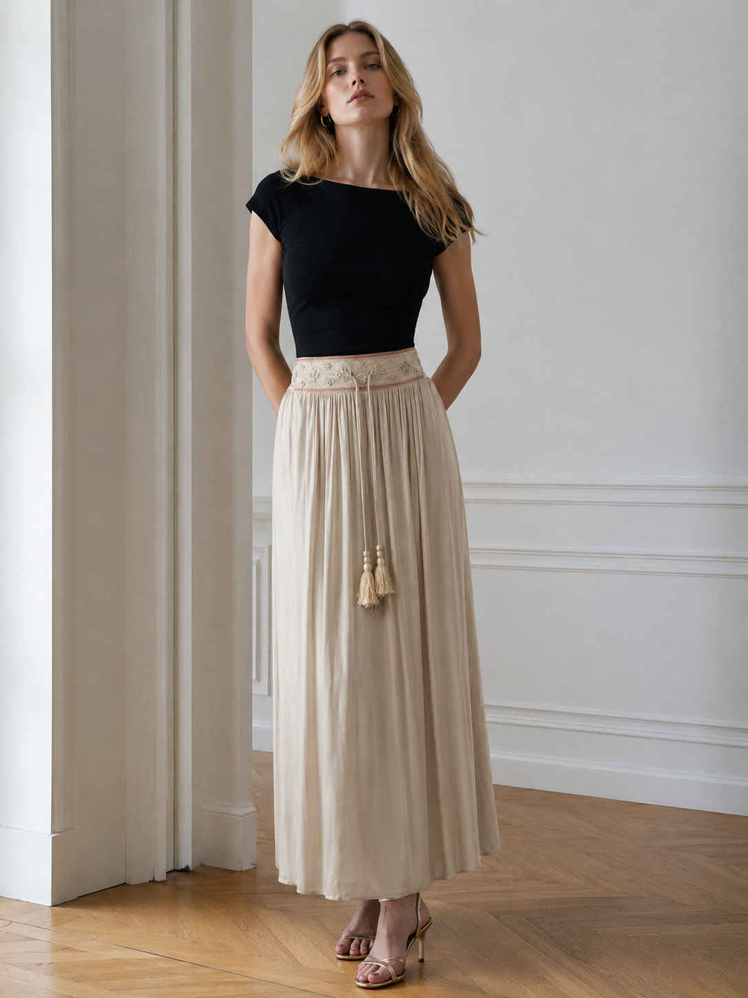 Ethnic Style Embroidered Skirt - Beige High Waist Tassel Trim Boho Maxi Skirt  AW-R290026