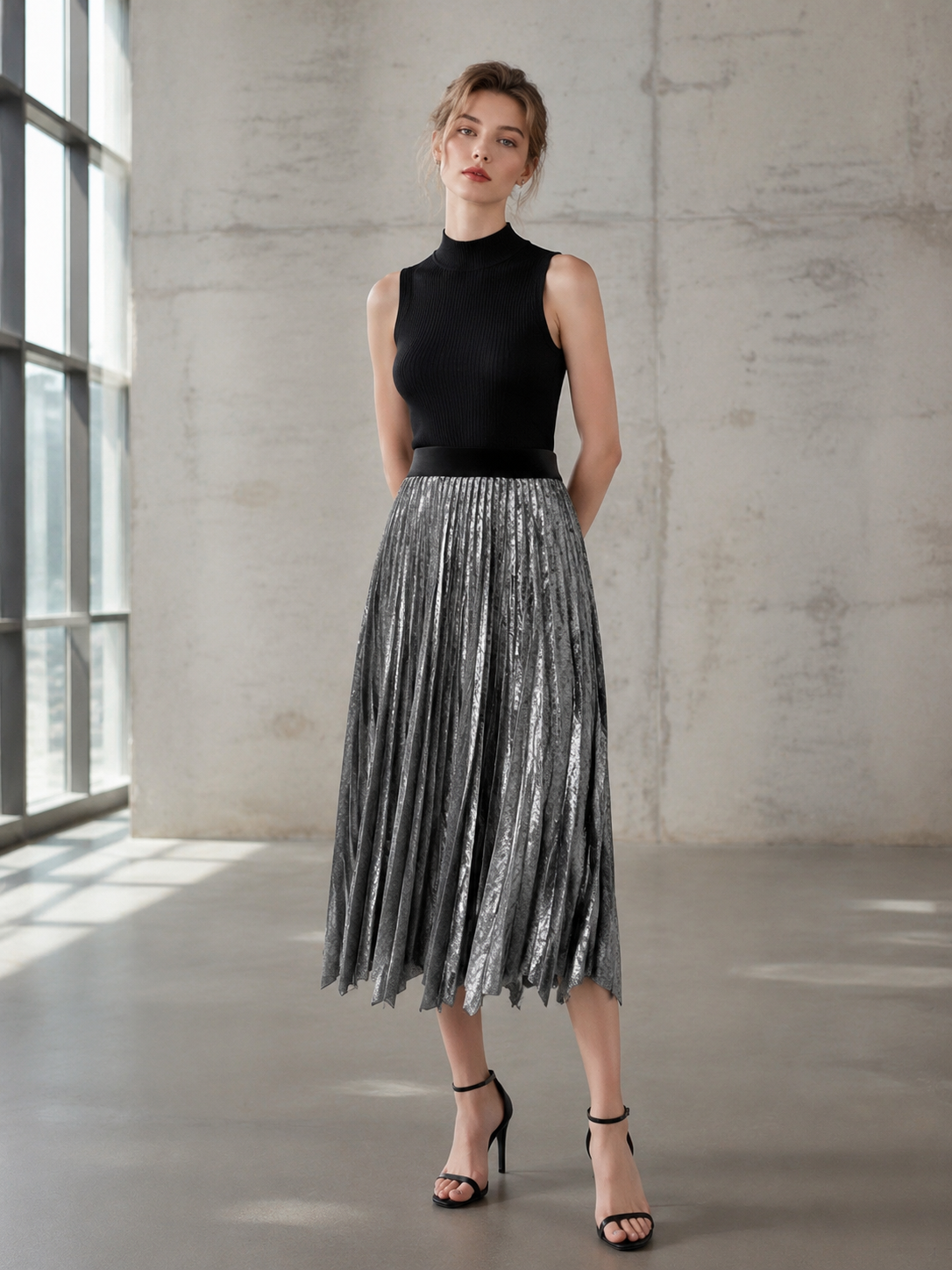 Silver Metallic Pleated Midi Skirt W-35616