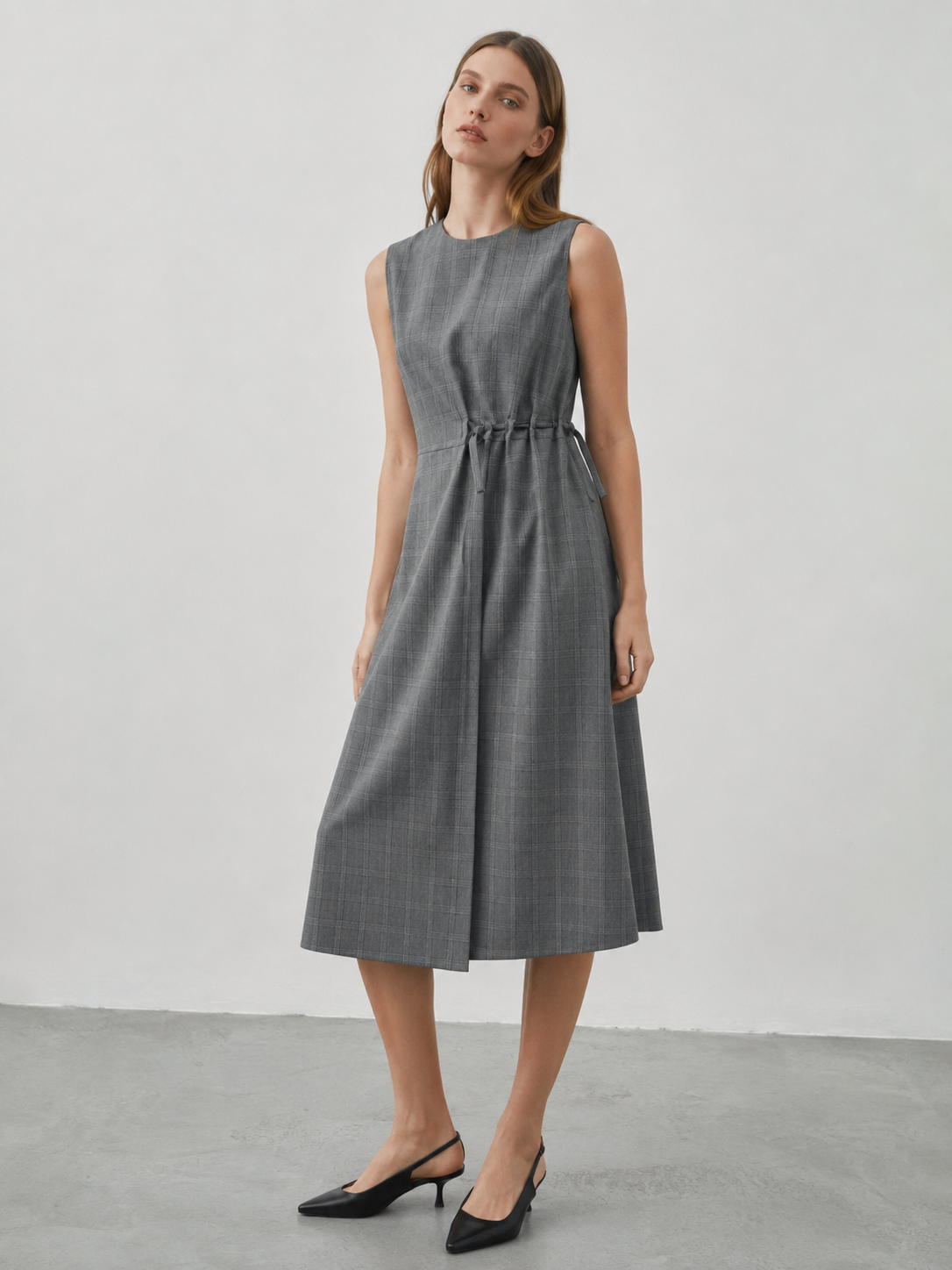 Minimalist Grey Plaid Sleeveless Dress - High Waist A-Line Casual  27939