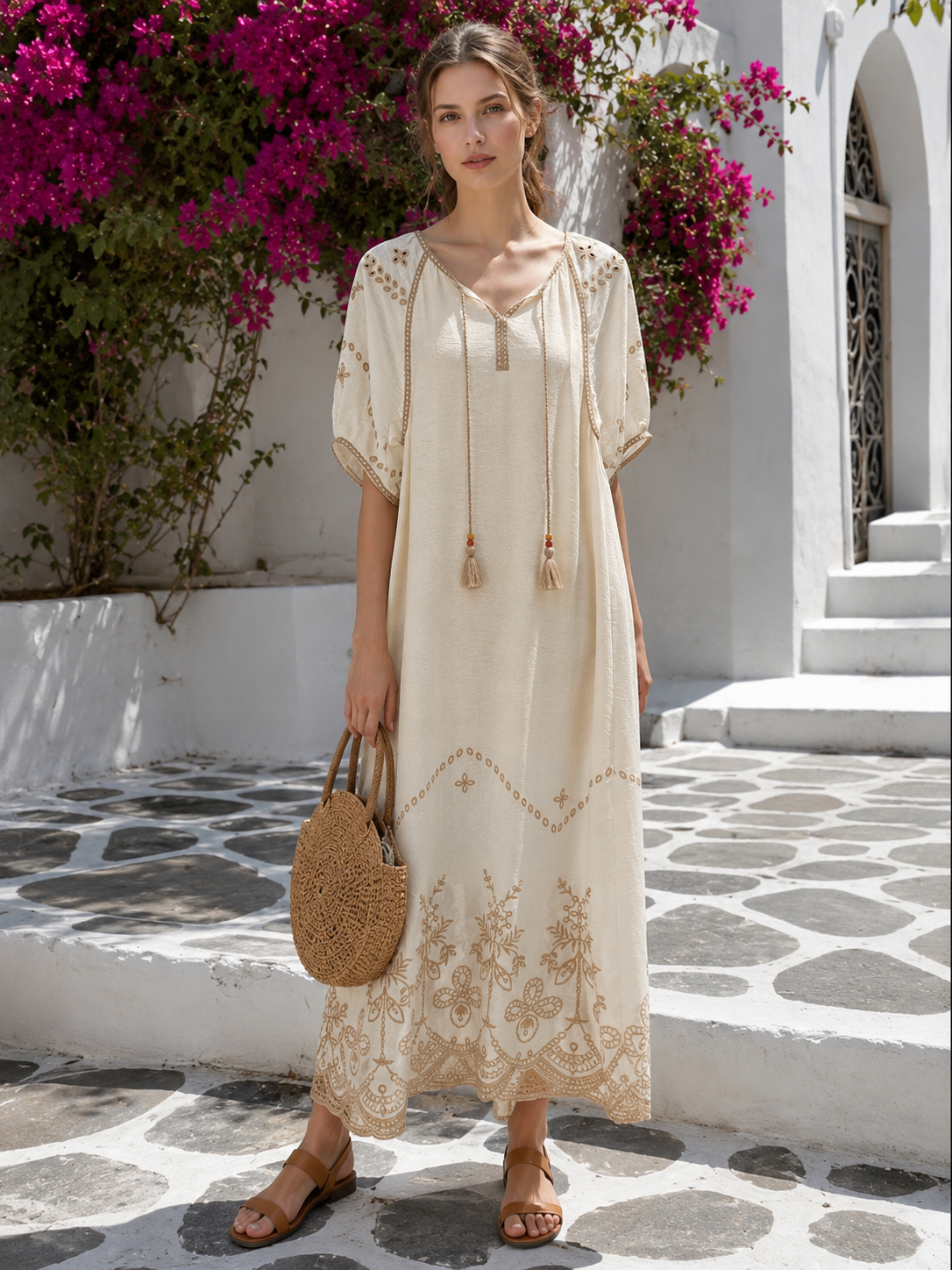 Elegant Ivory Embroidered Long Gown - Vintage Style with Beaded Neck Tassels W-42676