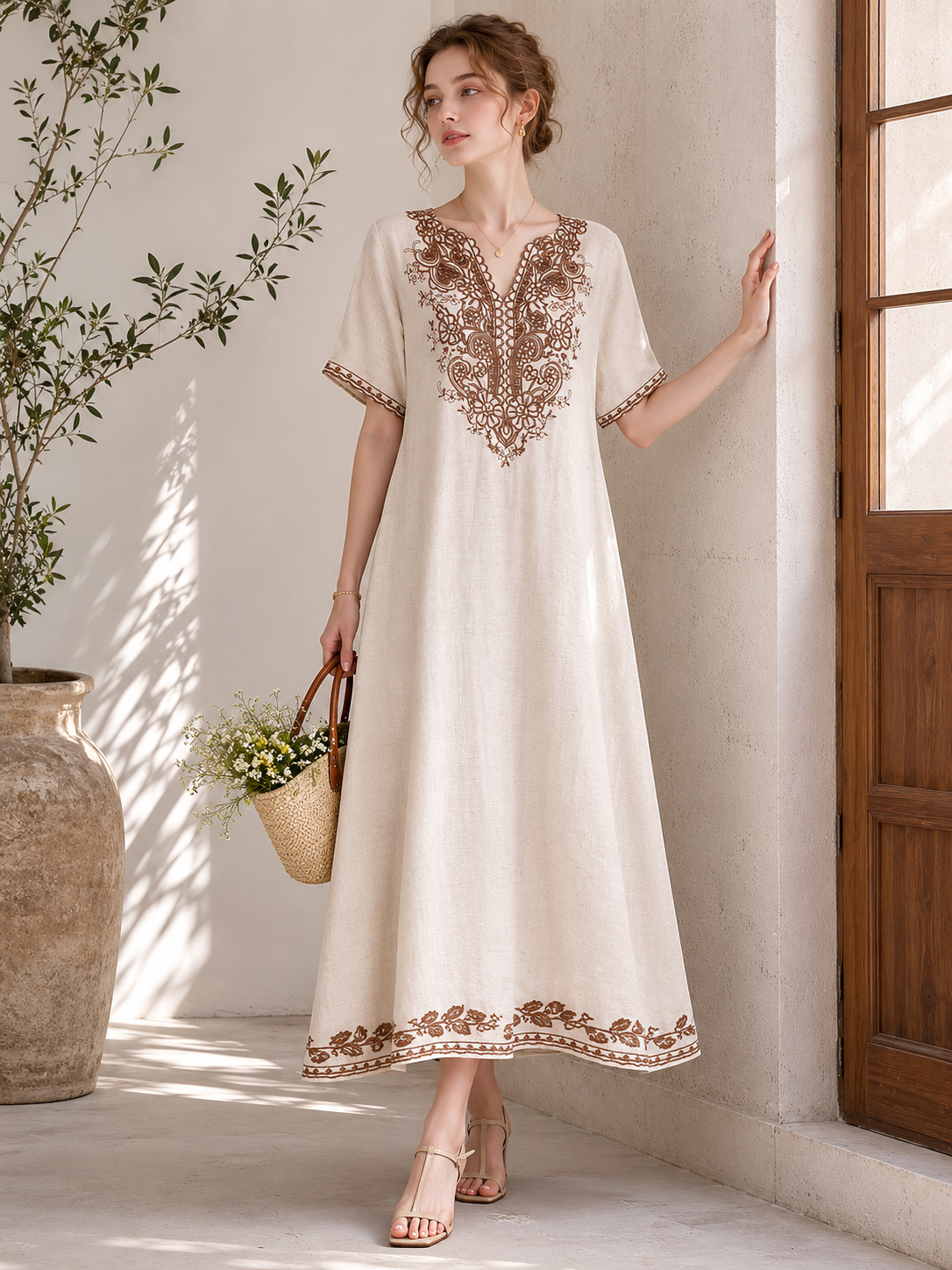 Boho Embroidered Linen-Look Maxi Dress W-42937