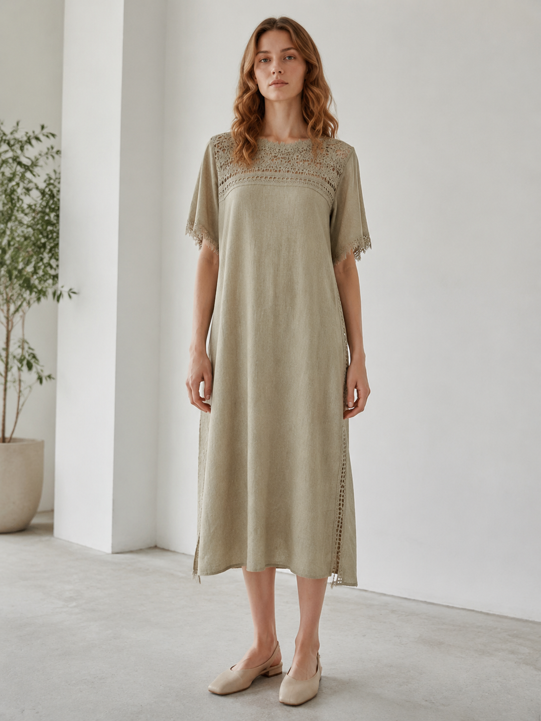 Women’s Linen Midi Dress – Lace Yoke Loose Boho Summer Dress W-42901