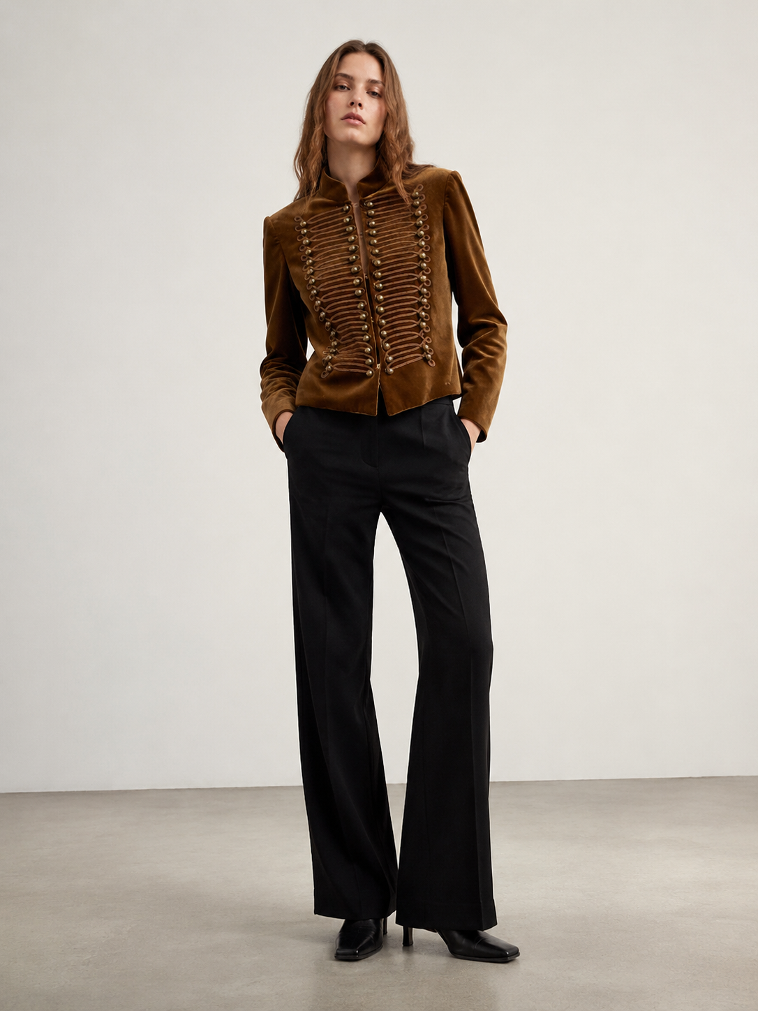 Chic Brown Velvet Parade Jacket - Double Row Button & Rope Trim Short Blazer W-39347