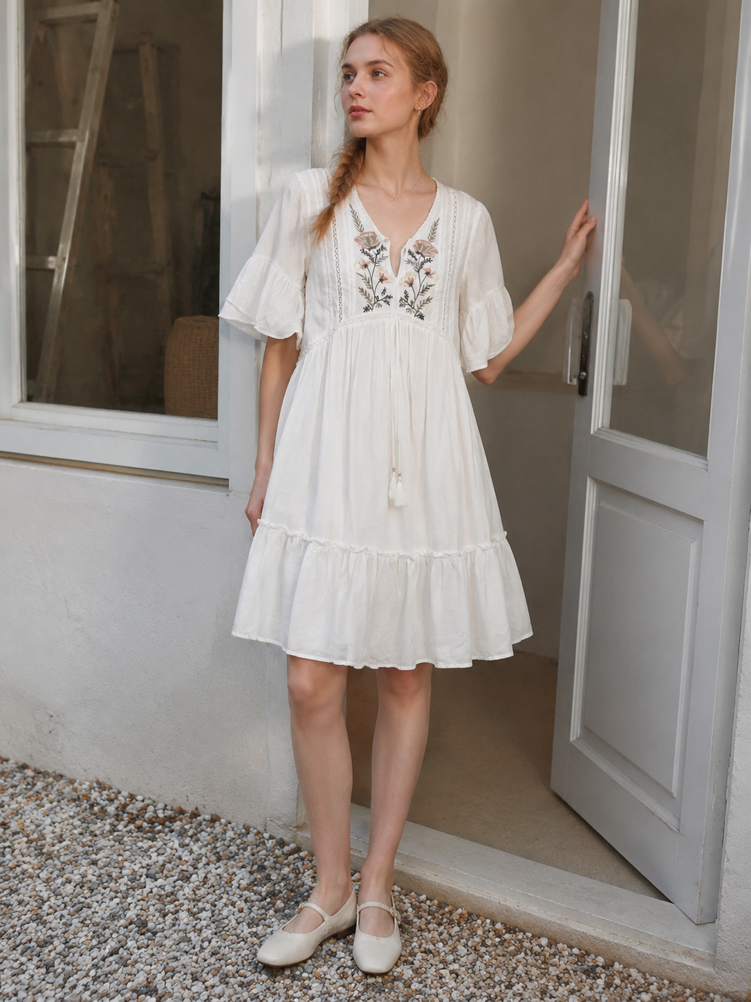 Bohemian Floral Embroidered Tiered Dress - White Bell Sleeve Ruffle Hem Casual Dress for Vacation W-31063