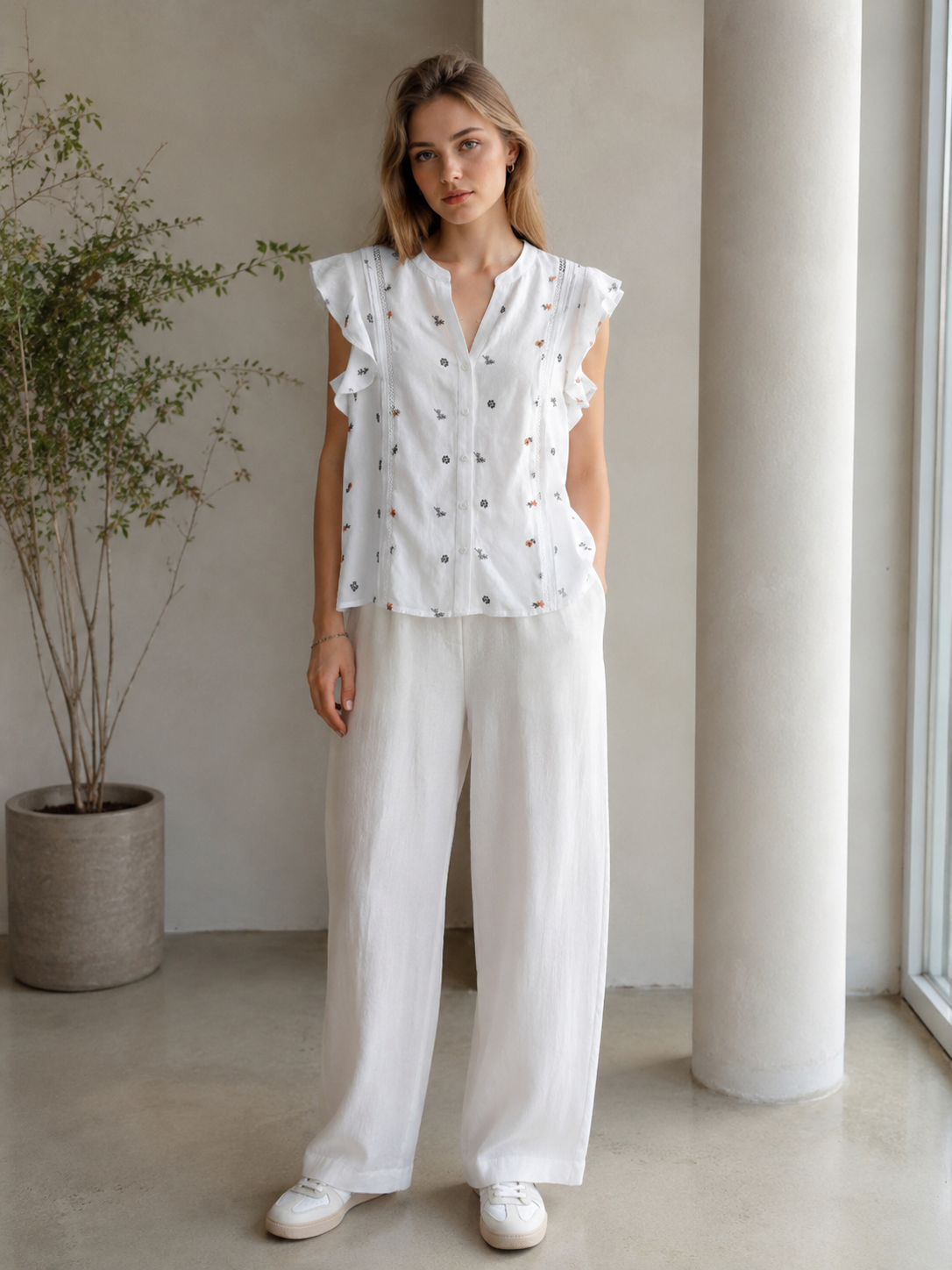 Women’s Floral Embroidered Ruffle Sleeve Button Blouse AN-760011