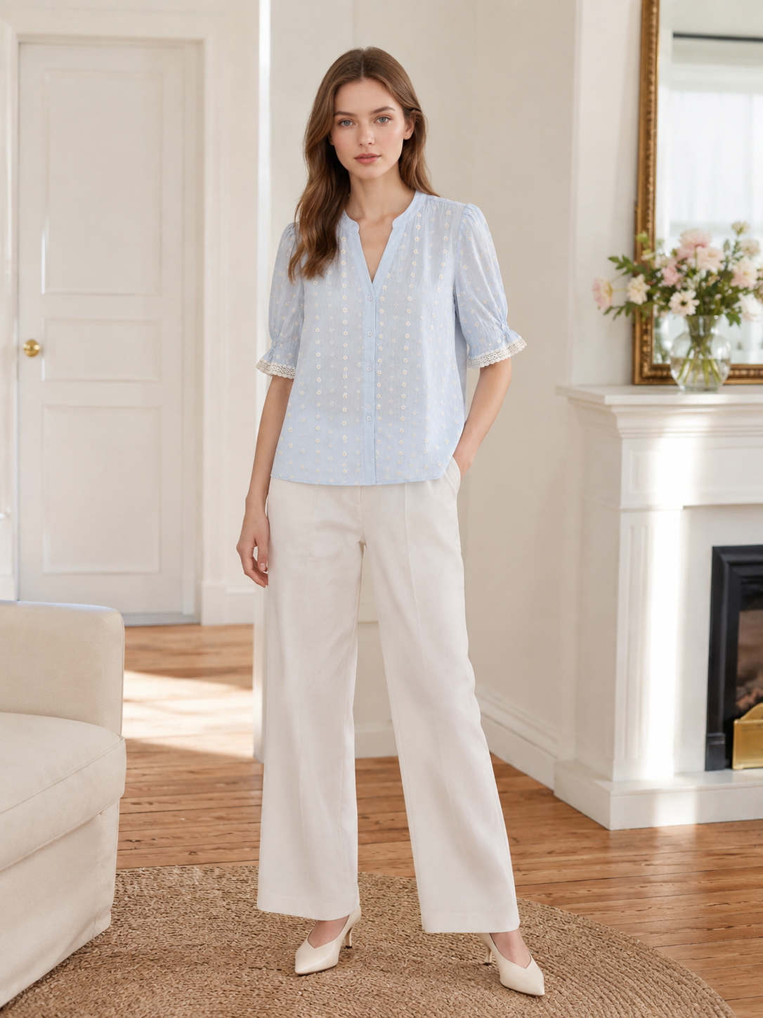 Women’s Floral Embroidered Lace Trim Short Sleeve Blouse AN-760004