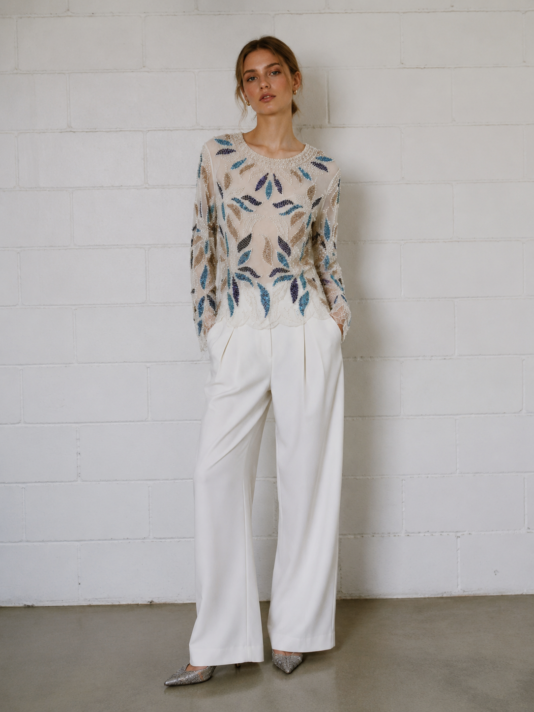 Women’s Sequin Beaded Leaf Mesh Long Sleeve Party Top LA-030402
