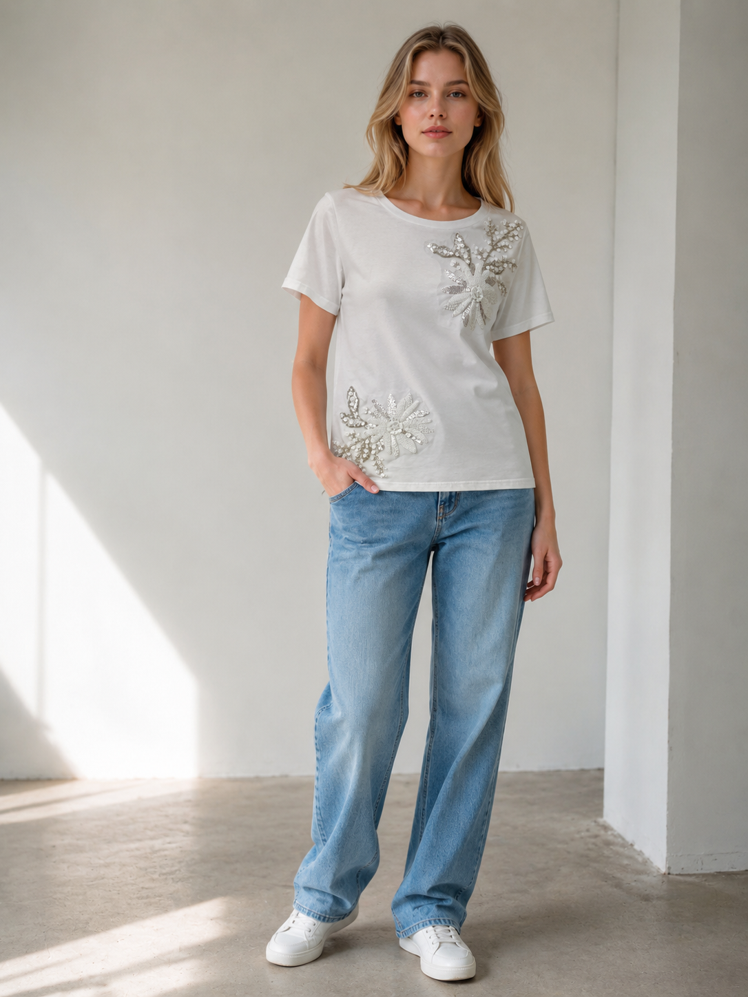 Women’s Embellished T Shirt – Floral Sequin Beaded Casual Summer Top M-42130-5