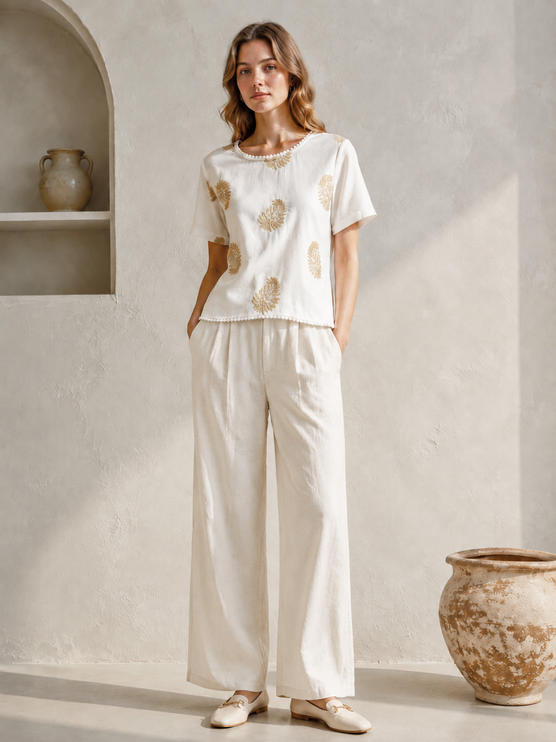 Women’s Boho Leaf Embroidered Pom Pom Short Sleeve Top D-42420