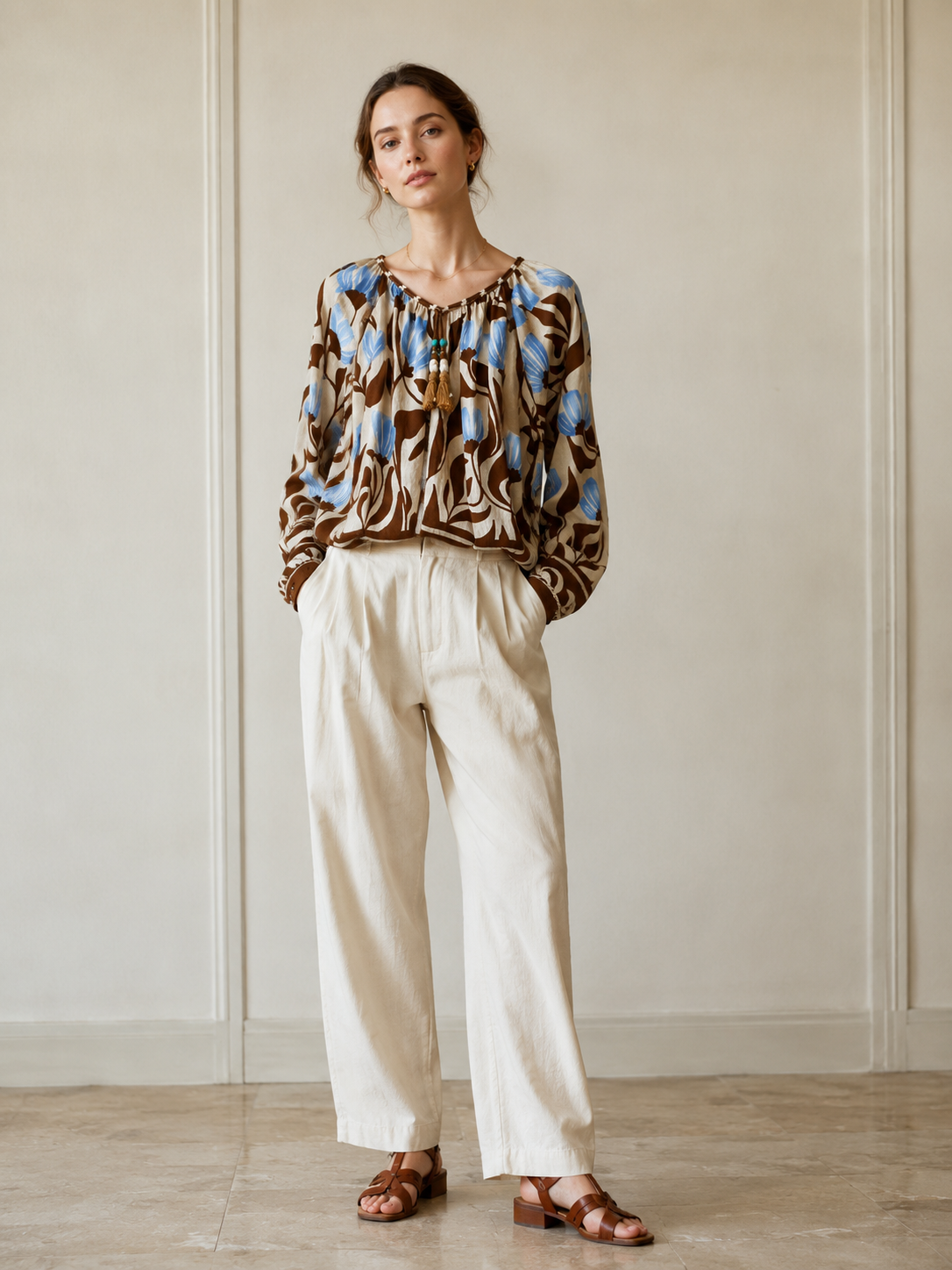Women’s Boho Botanical Print Tassel Tie Blouse – Casual Resort Vacation Top C-42382