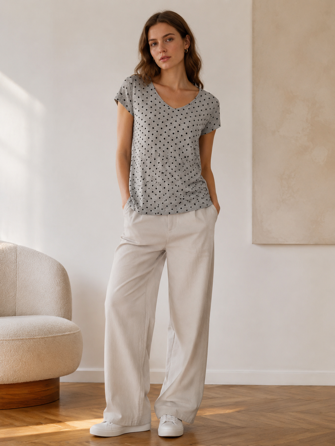 Casual Polka Dot V-Neck Short Sleeve T-shirt – Soft Everyday Loose Fit C-42408