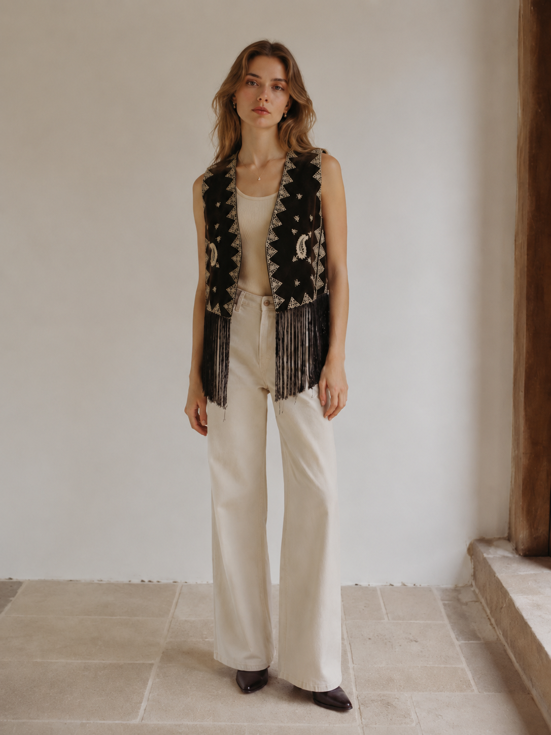 Boho Brown Velvet Embroidered Fringe Vest W-33701