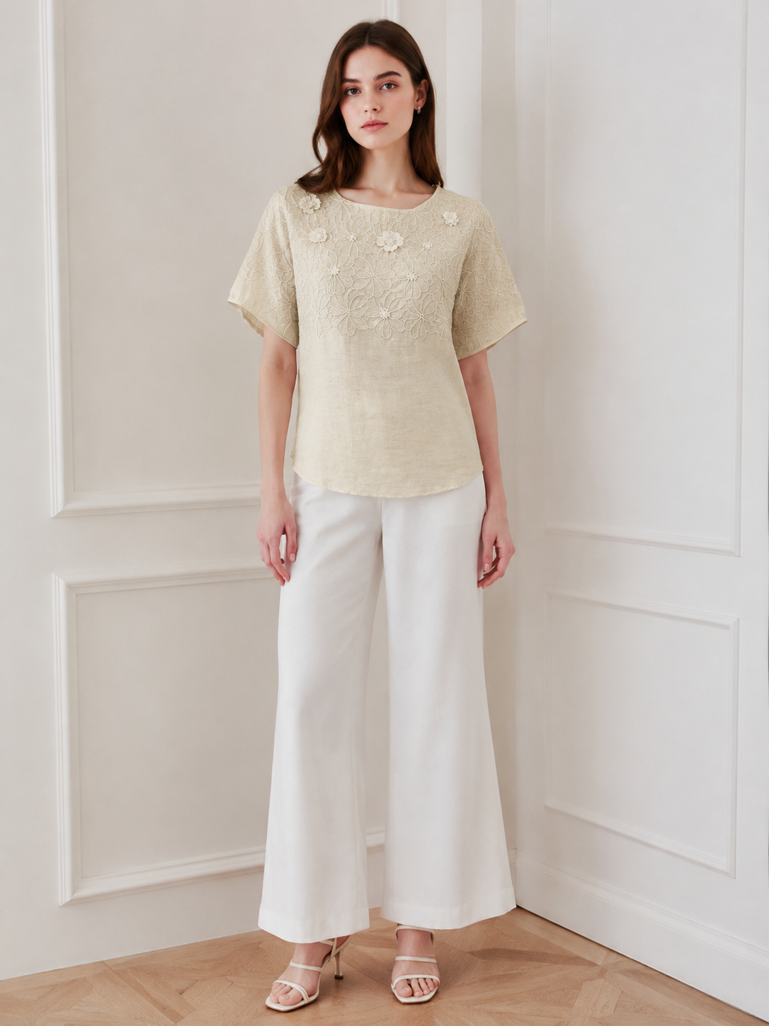Summer Floral Embroidered Short Sleeve Top W-42661