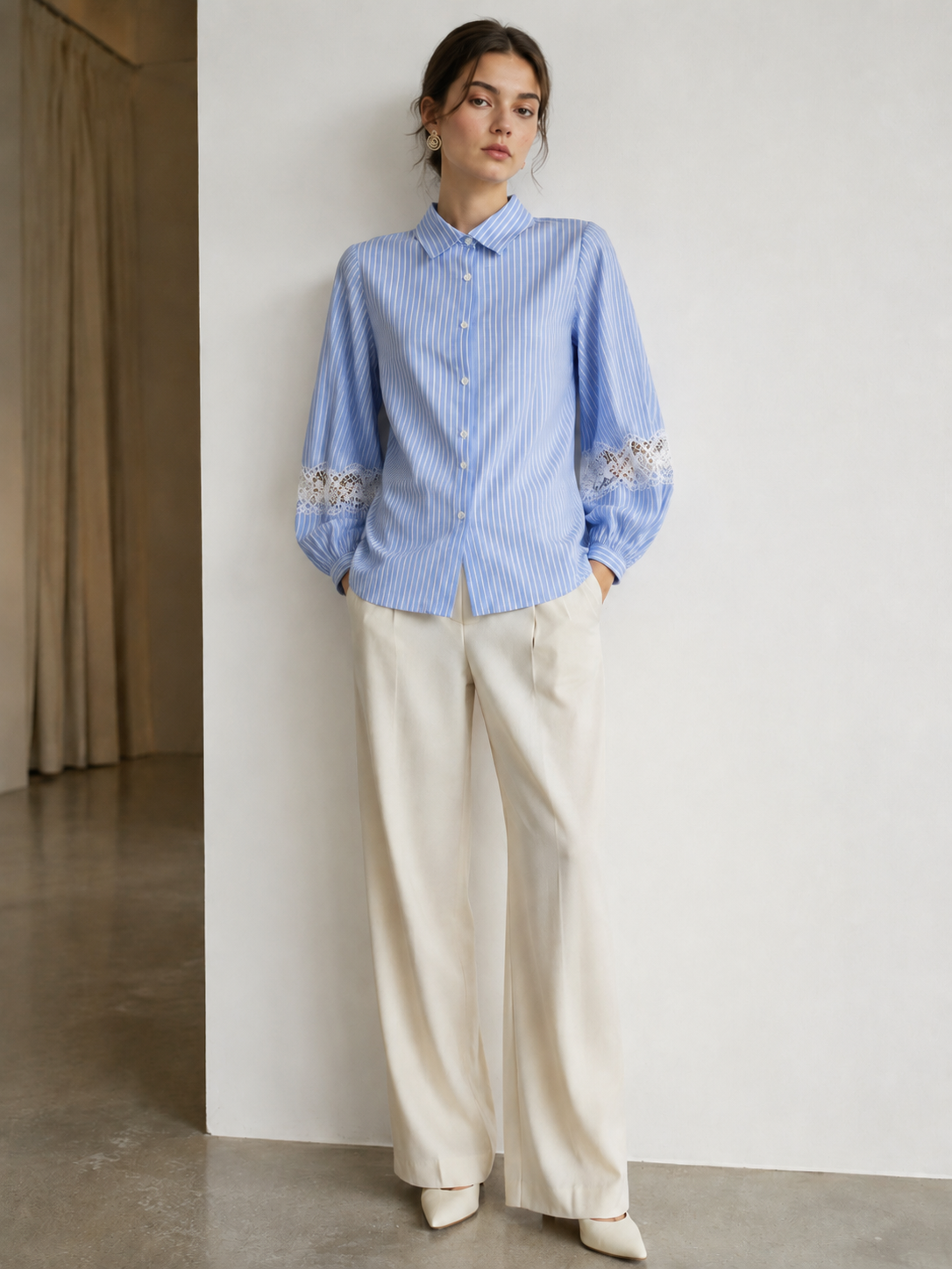 Women’s Striped Lace Sleeve Button Down Casual Blouse C-39756