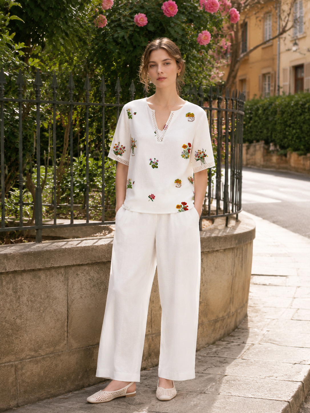 Boho Floral Embroidered Cotton Linen Blouse for Women C-42305
