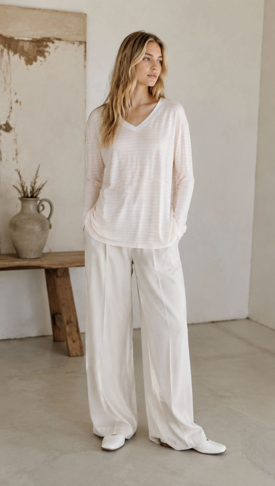Women's Stripe V-Neck Long Sleeve T-Shirt - Soft Knit Top  AN-710004