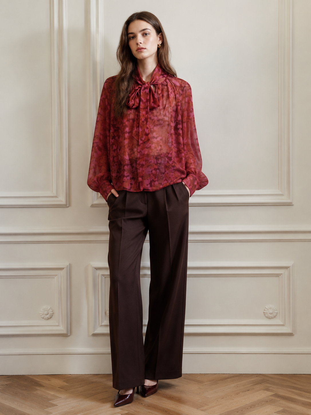 Women’s Printed Tie Neck Sheer Chiffon Long Sleeve Blouse XW-251209