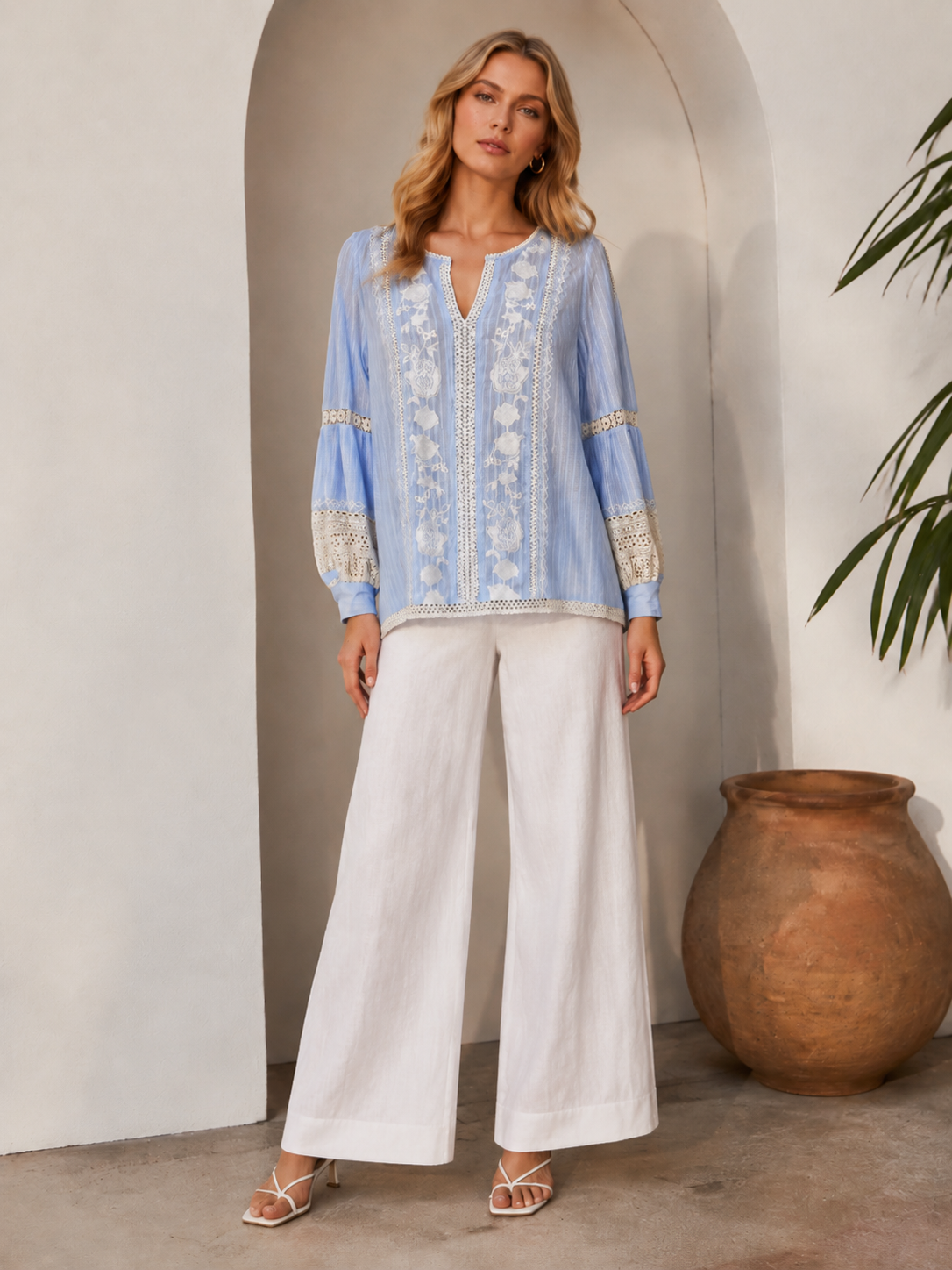 Women’s Boho Floral Embroidered Lace Patchwork Blouse W-26500