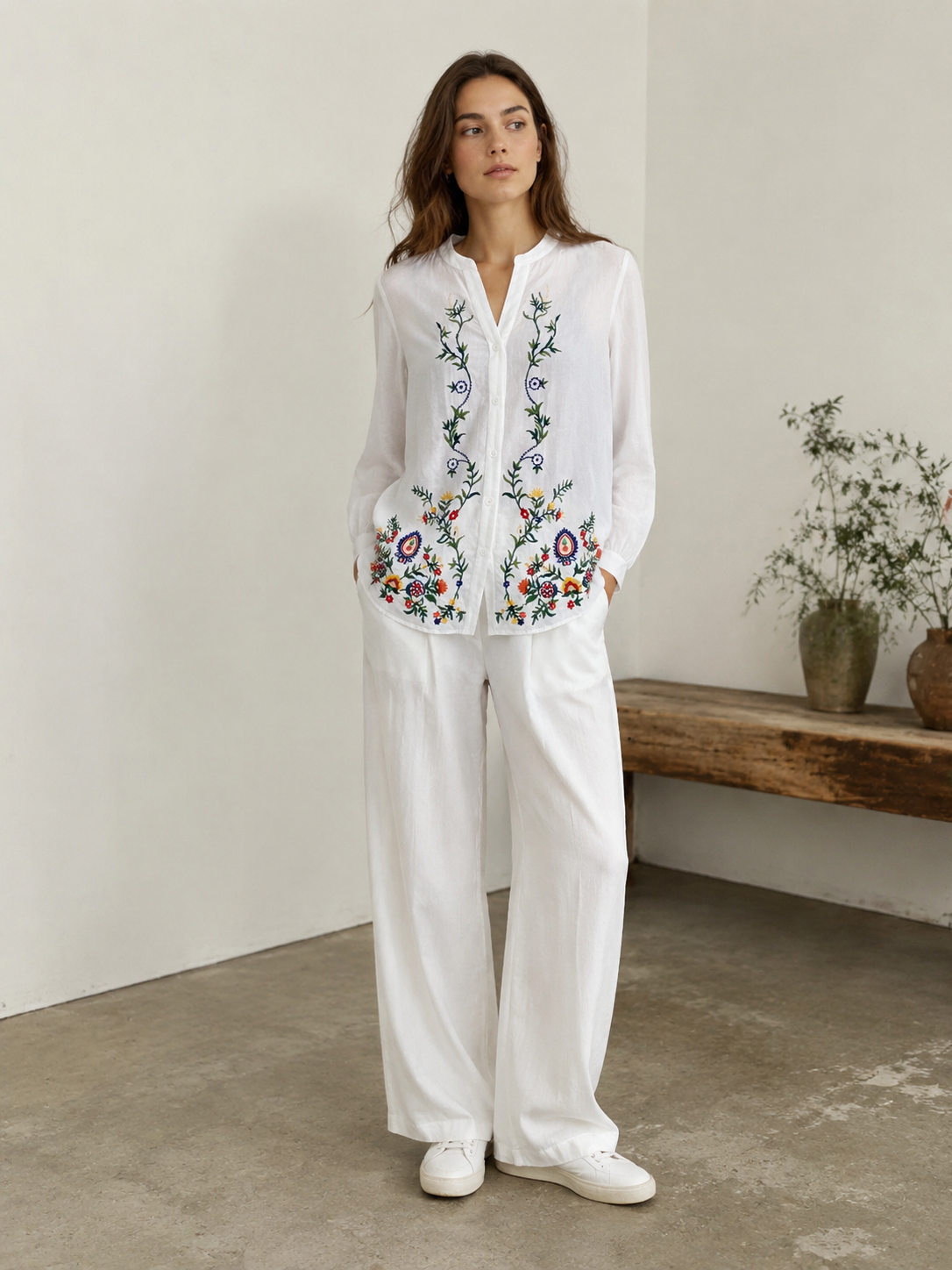 Boho Chic Long Sleeve Button Down Top - Ethnic Style Flower Embroidered Blouse D-39046