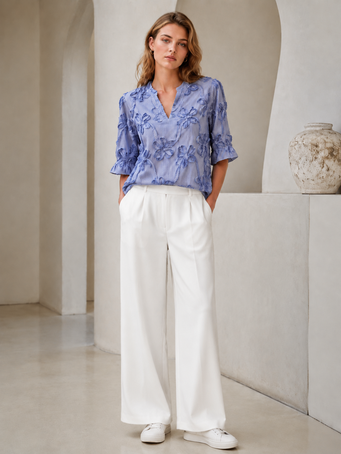 Women’s 3D Floral Applique Striped V Neck Blouse M-42190