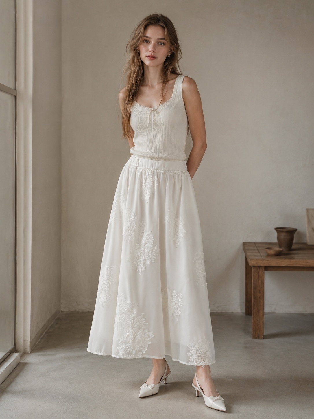 Summer casual set. A-Line Mesh Skirt - White Feather Embroidered Tulle Skirt  C-42444