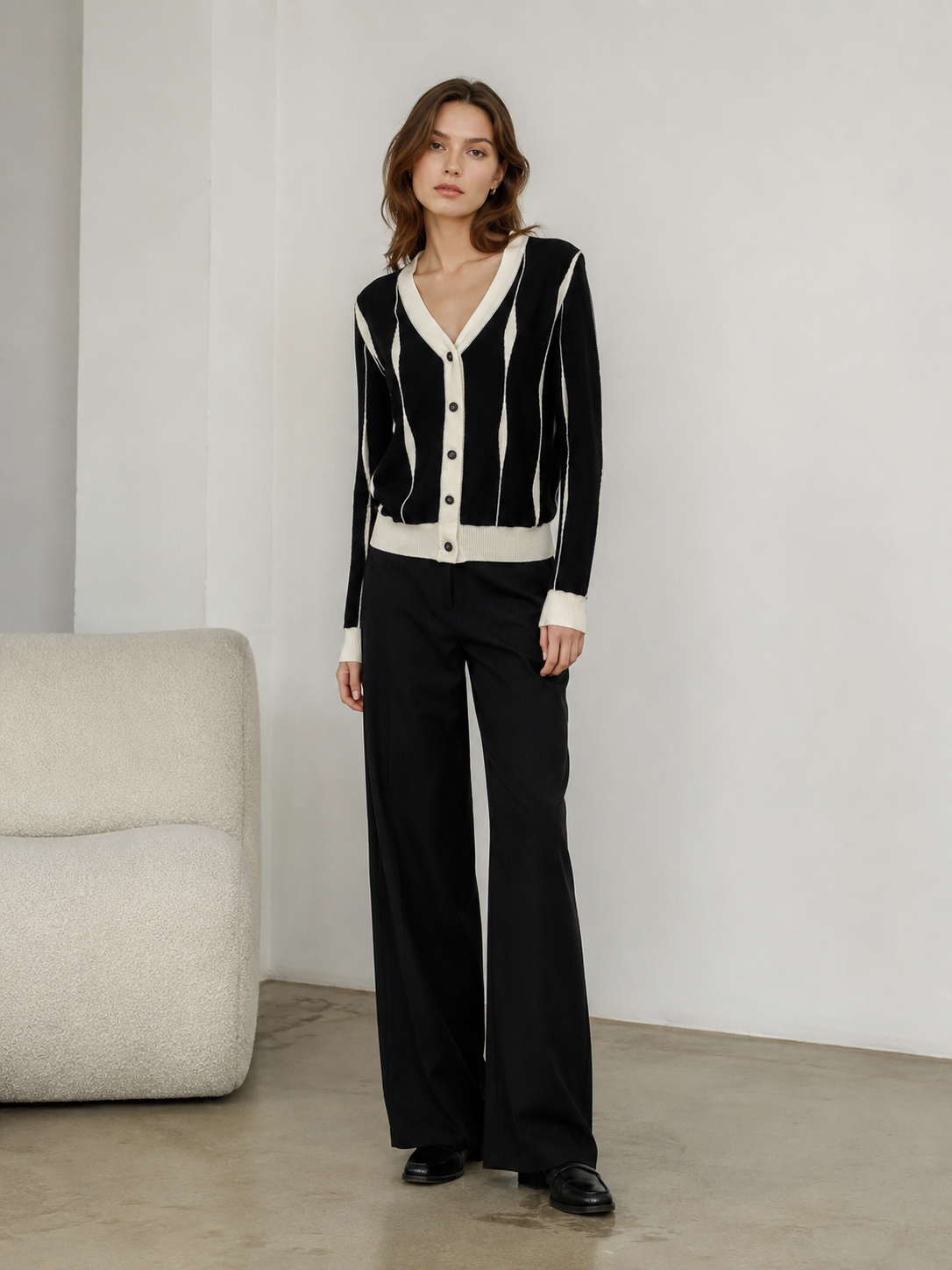 Classic V-Neck Knit Cardigan - Black White Striped Contrast Trim Casual Sweater 80215
