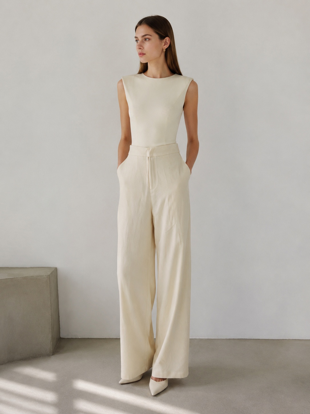 Women's Off-White Wide-Leg Trousers: Casual Chic High-Rise Pants A-50963