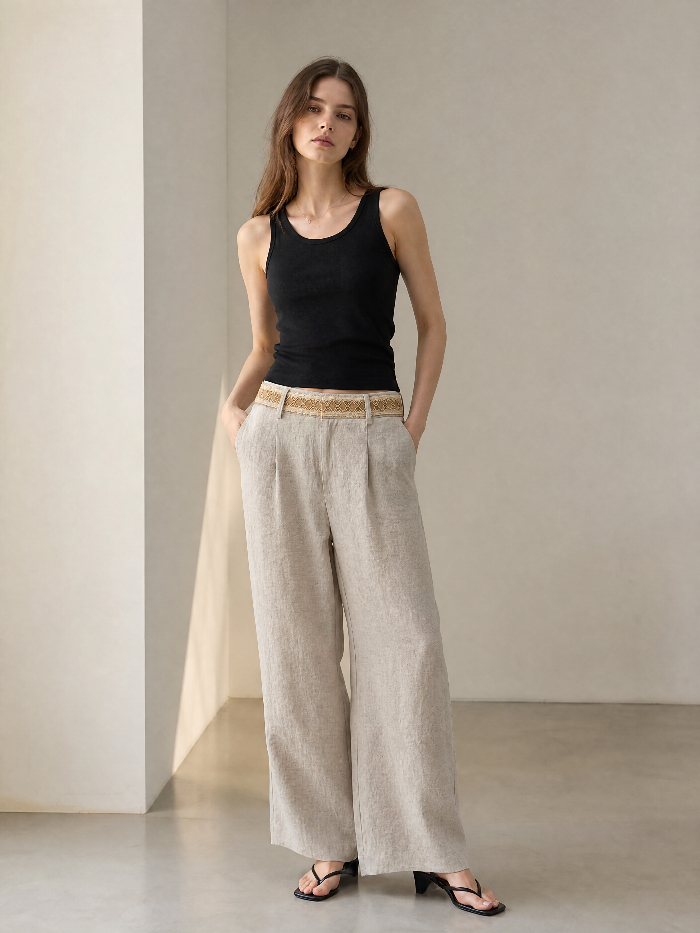 Boho Linen Wide-Leg Pants: Women's High-Waist Trousers with Embroidered Waistband C-41778