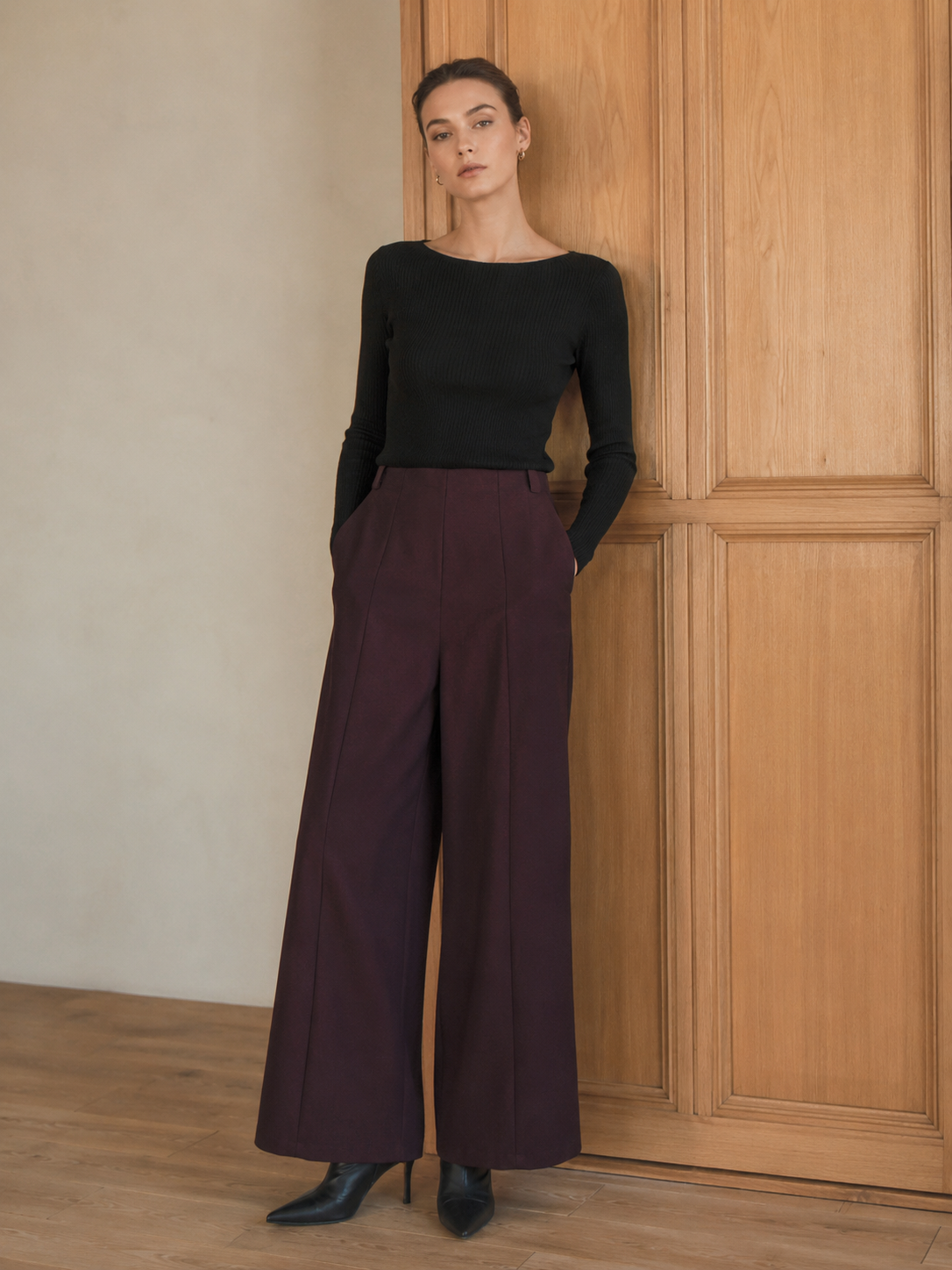 Elegant Wine Red Tailored Wide Leg Trousers C-42183