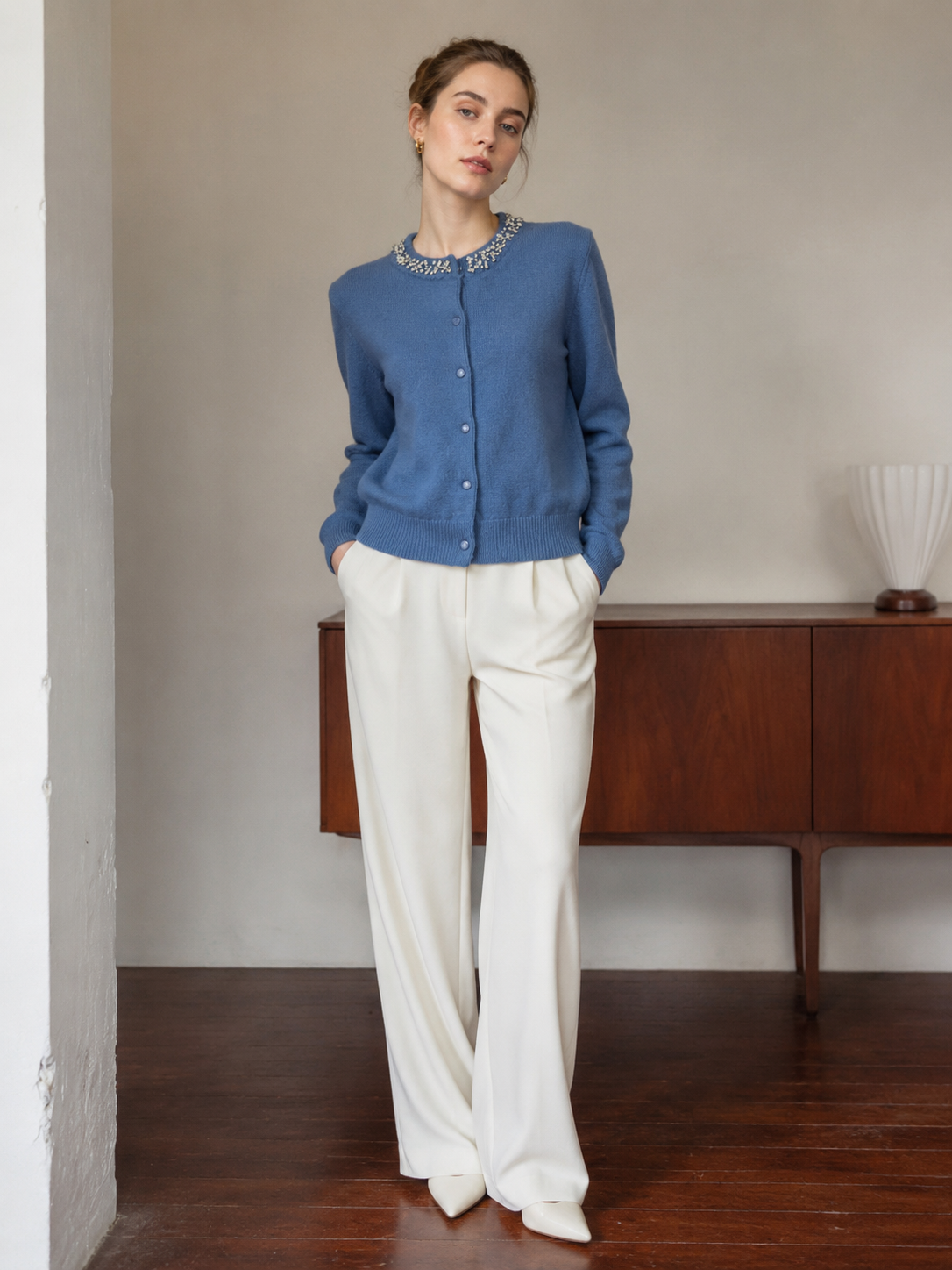 Chic Blue Beaded Neck Cardigan - Crew Neck Button Up Knit Top  MAN-860070