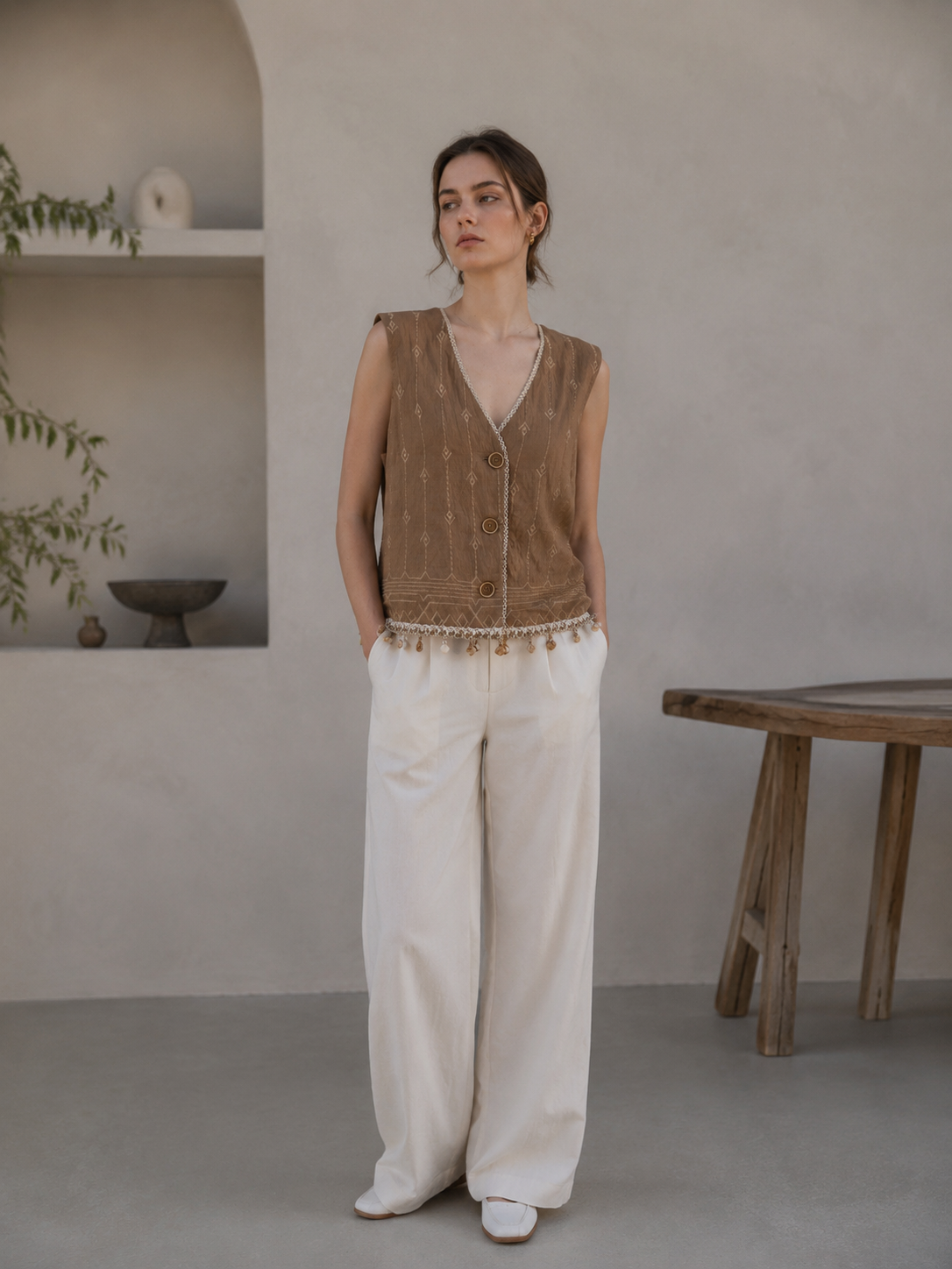 Women’s Boho Embroidered Button Vest – Tassel Detail Summer Top AN-760001