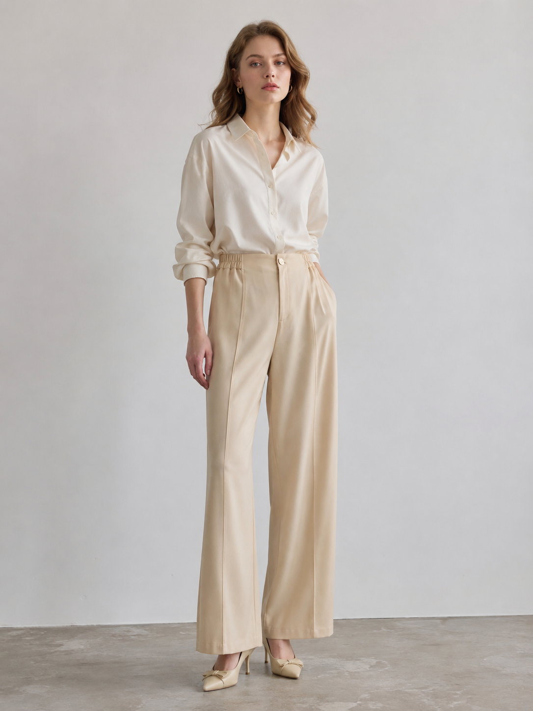Minimalist Wide Leg Linen Blend Pants with Elastic Waist C-42201