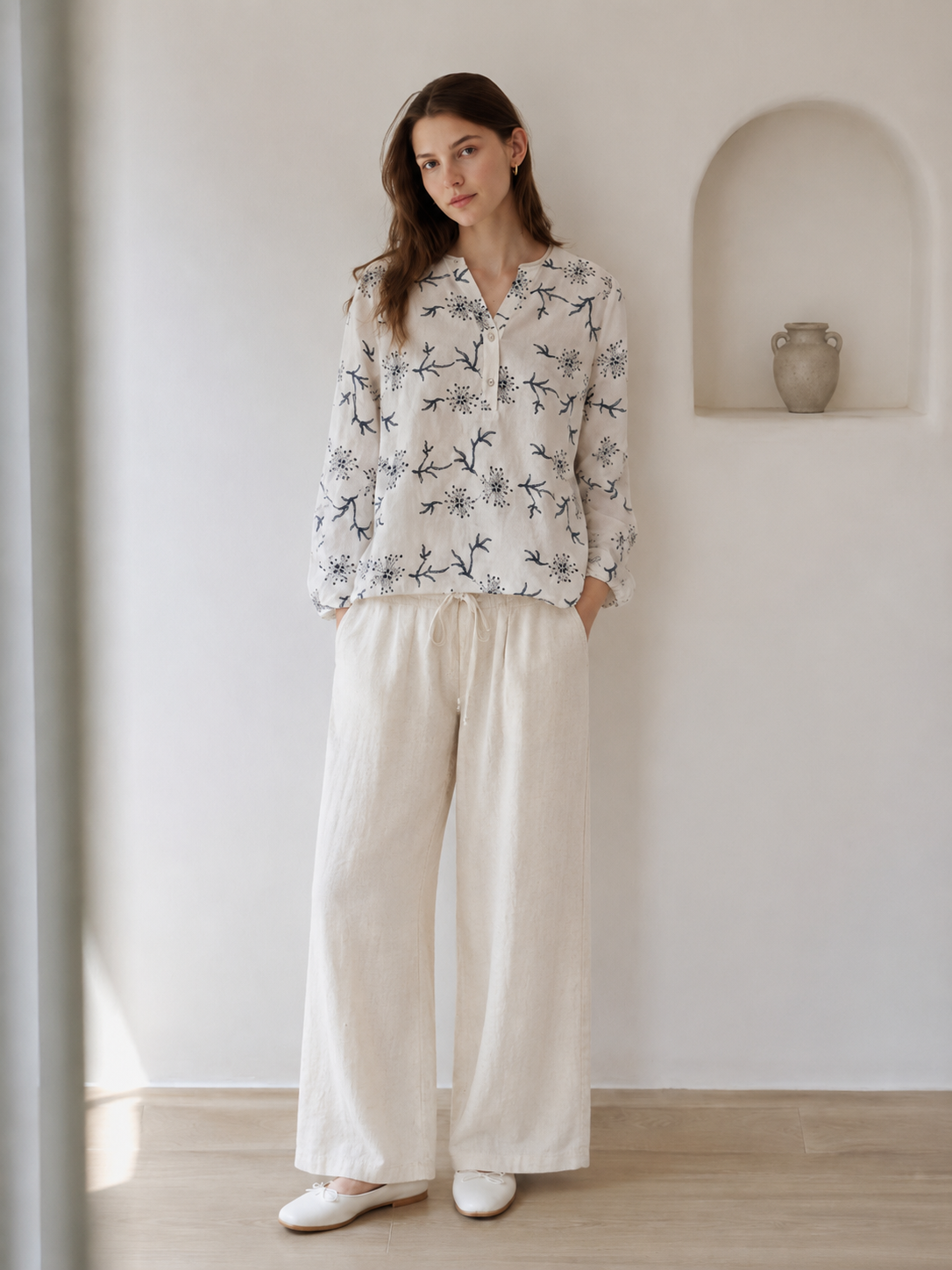 Boho Floral Embroidered Cotton Blouse for Women C-42319