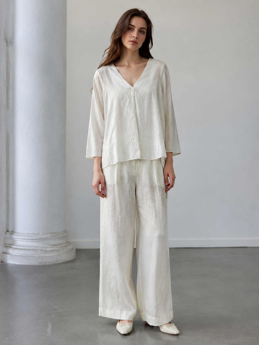 Women’s Casual Solid V Neck Loose Fit Long Sleeve Blouse M-26172