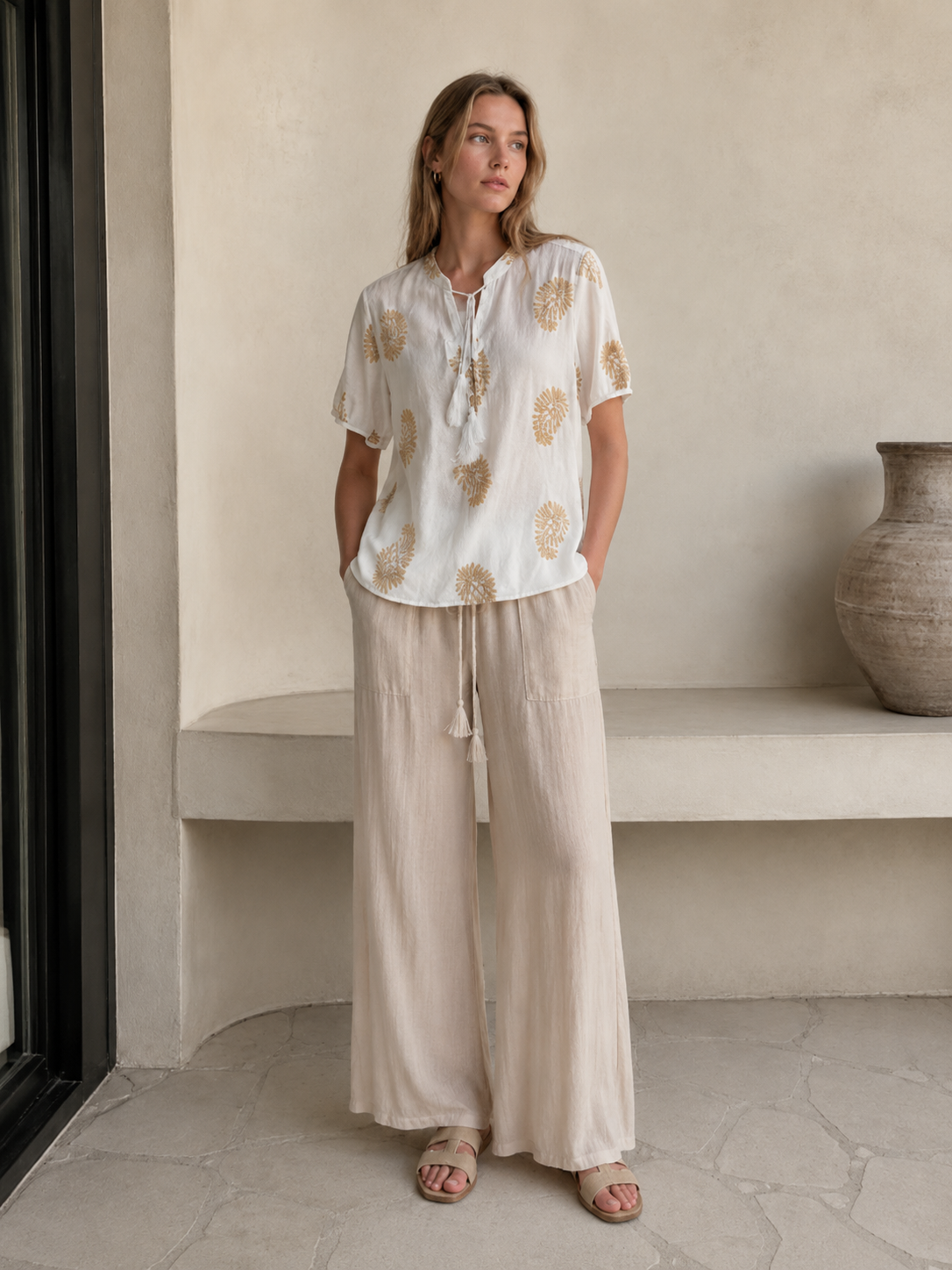 Women’s Boho Embroidered Tassel Tie Linen-Look Summer Blouse D-42254
