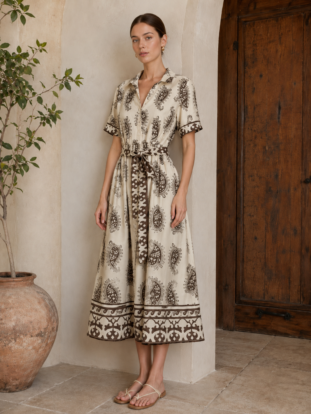 Women’s Boho Paisley Print Belted Midi Shirt Dress D-42275