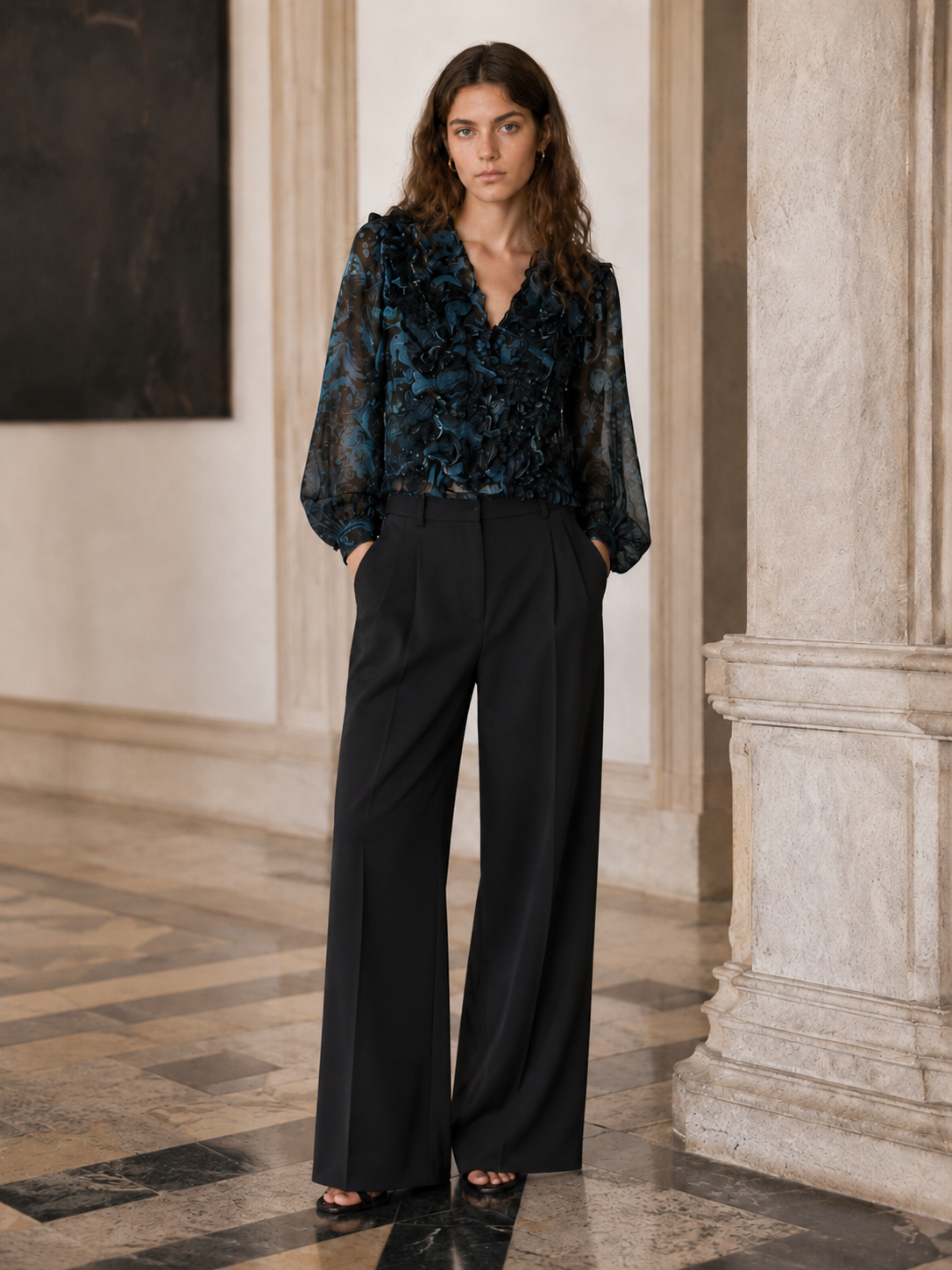 Women’s Sheer Paisley Ruffle V Neck Cropped Chiffon Blouse XW-251202