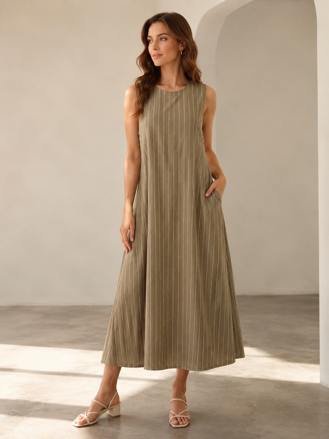 Women’s Minimalist Striped Sleeveless Maxi Dress C-42198H