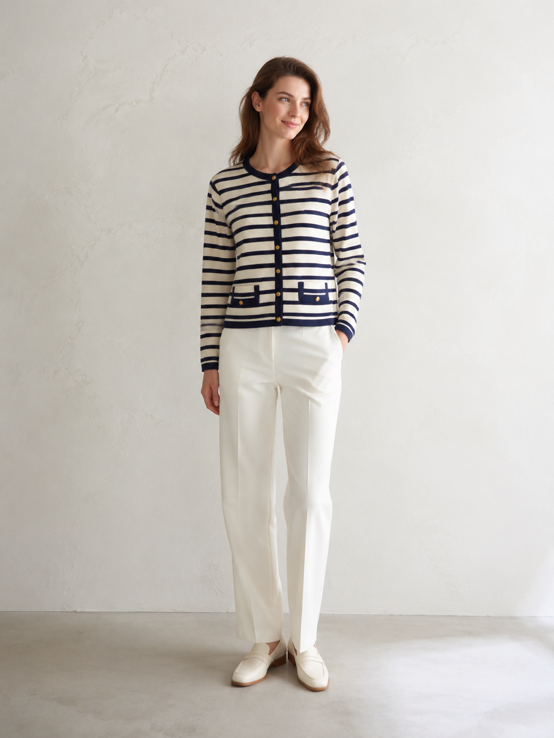 Women’s French Chic Striped Gold Button Cardigan M-43814