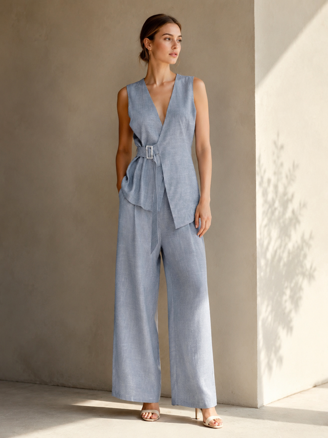 Women’s Linen Look Belted Vest Wide Leg Set C-42919+C-42918