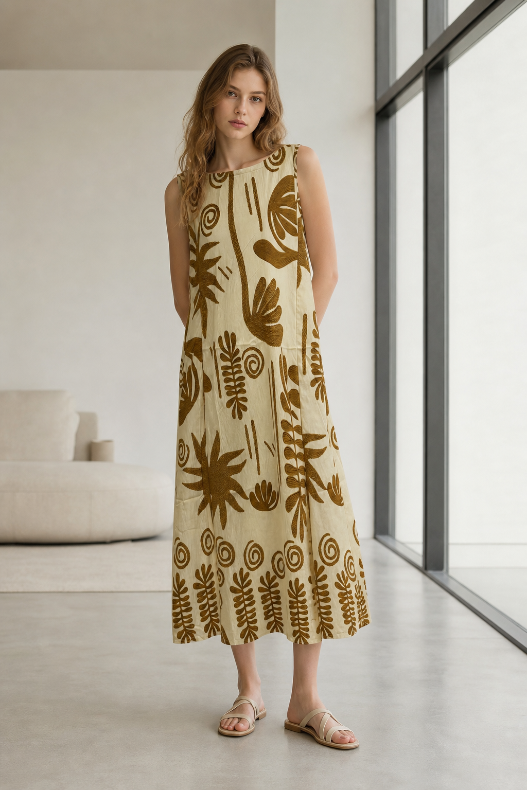 Women’s Boho Tropical Leaf Print Sleeveless Maxi Dress with Pom Pom Trim 2550