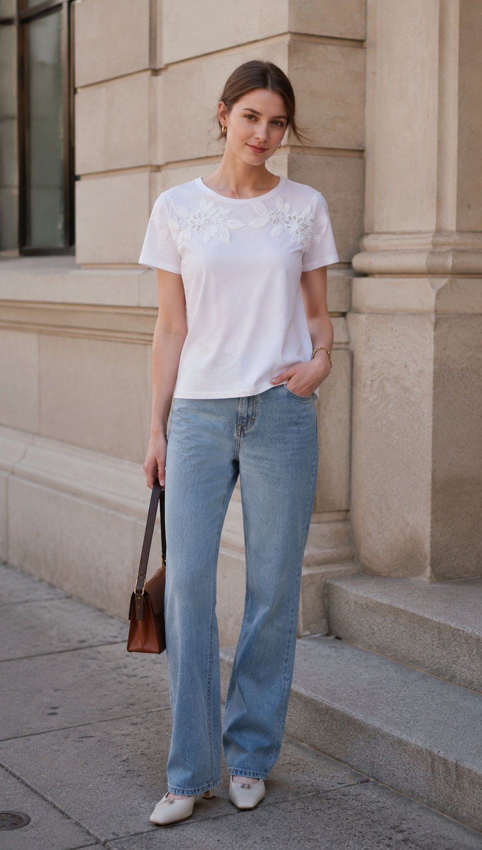 Women’s Pearl Beaded Floral Applique Short Sleeve T‑Shirt AN-750002