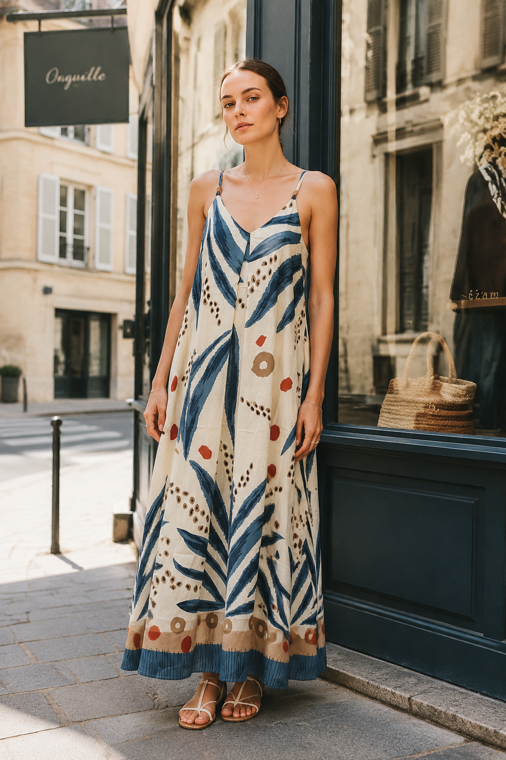 Women’s Tropical Leaf Print Halter Maxi Dress with Pom Pom Trim 2882-2