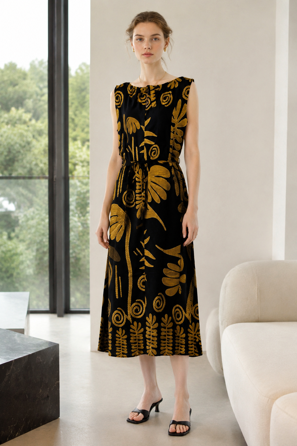 Women’s Black Floral Print Sleeveless Maxi Dress with Belted Waist