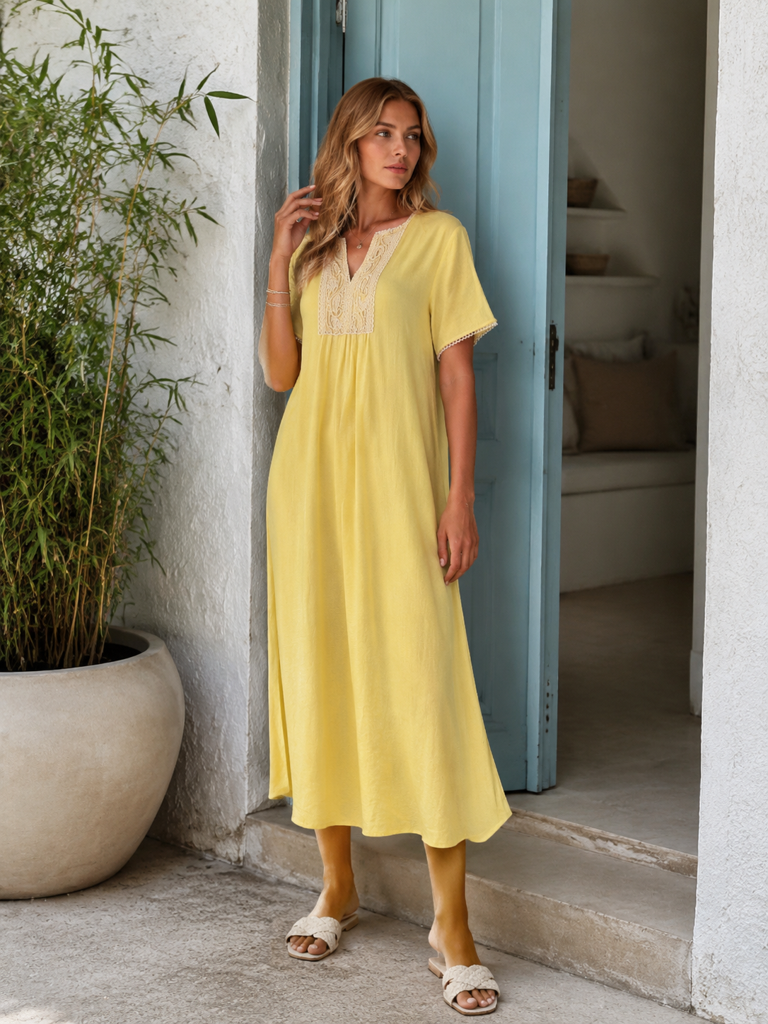 Women's Yellow Lace-Yoke Short-Sleeve Dress C-42805